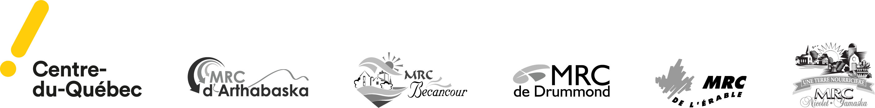 Logo du Centre-du-Québec. Logo de la MRC d'Arthabaska. Logo de la MRC de Bécancour. Logo de la MRC de Drummond. Logo de la MRC de L'Érable. Logo de la MRC de Nicolet-Yamaska.