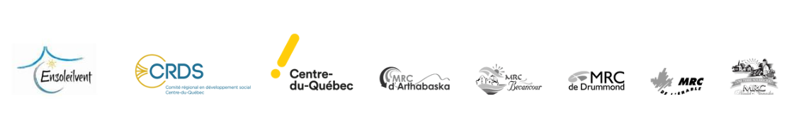 Logos de l'Ensoleilvent, du Comité régional en développement social du Centre-du-Québec et de la Table des MRC du Centre-du-Québec.